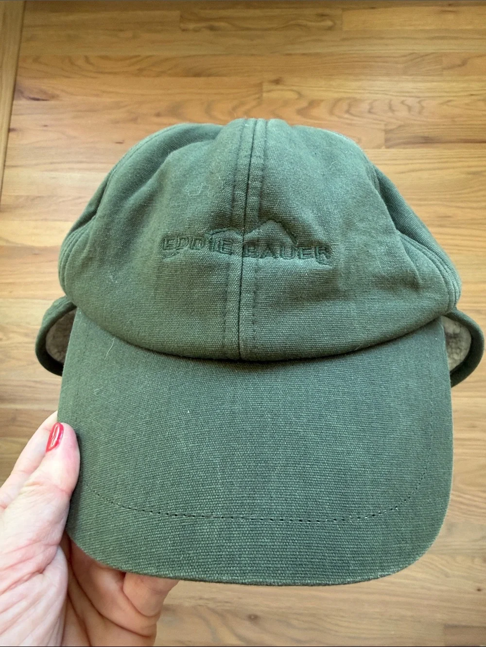 Vintage Eddie Bauer Sherpa Lined Earflap Cap Green Cotton Trapper Hat S/M